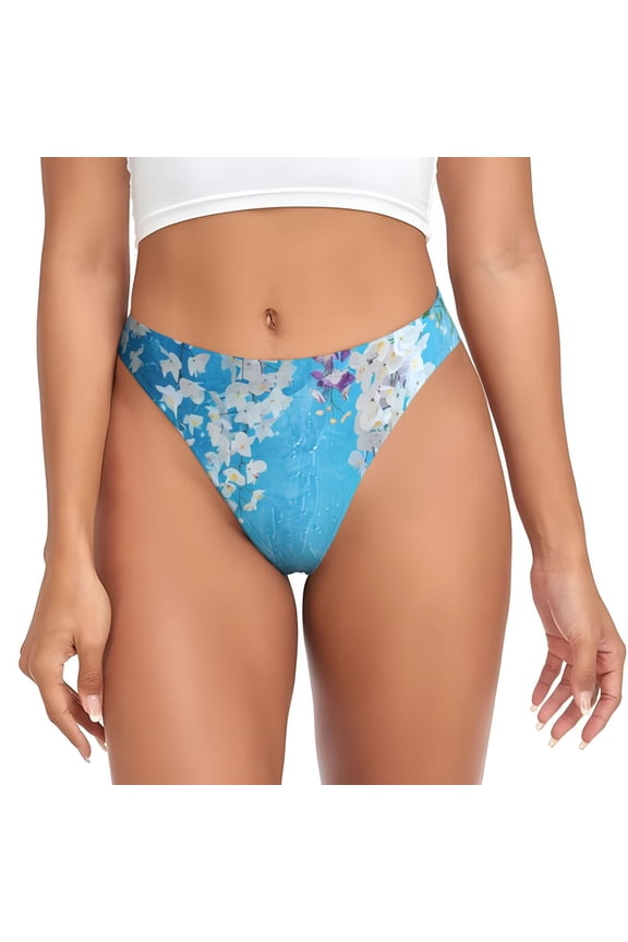 Thongs for Women - Hanging Orchids Floral Blue No Show Seamless Womens Thongs Underwear, Breathable G String Thongs for Women, Ladies Stretch Low Rise Thong Bikini Panties Briefs