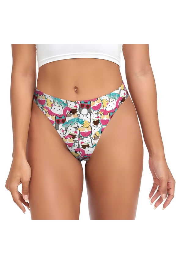 Thongs for Women - Hawaiian Style Cute Cartoon Cat No Show Seamless Womens Thongs Underwear, Breathable G String Thongs for Women, Ladies Stretch Low Rise Thong Bikini Panties Briefs