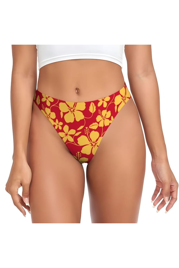 Thongs for Women - Hawaiian Style Red Yellow No Show Seamless Womens Thongs Underwear, Breathable G String Thongs for Women, Ladies Stretch Low Rise Thong Bikini Panties Briefs