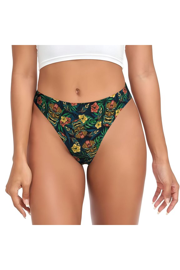 Thongs for Women - Hawaiian Tribal Mask No Show Seamless Womens Thongs Underwear, Breathable G String Thongs for Women, Ladies Stretch Low Rise Thong Bikini Panties Briefs