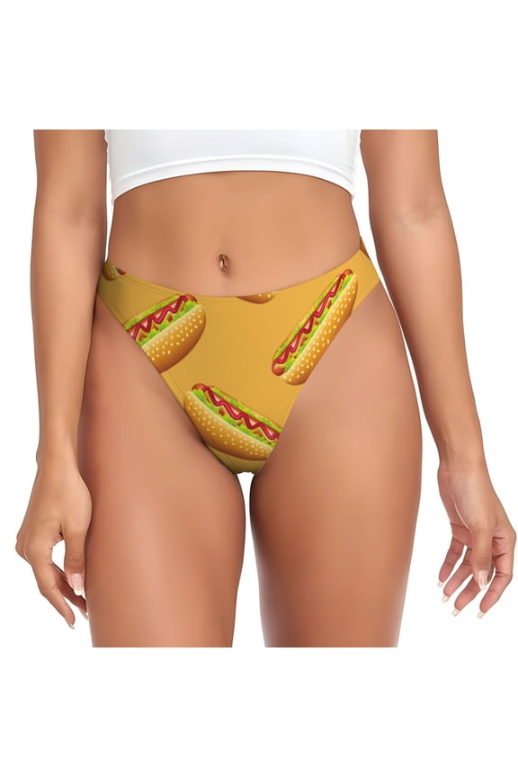 Thongs for Women - Hot Dog Print Yellow No Show Seamless Womens Thongs Underwear, Breathable G String Thongs for Women, Ladies Stretch Low Rise Thong Bikini Panties Briefs