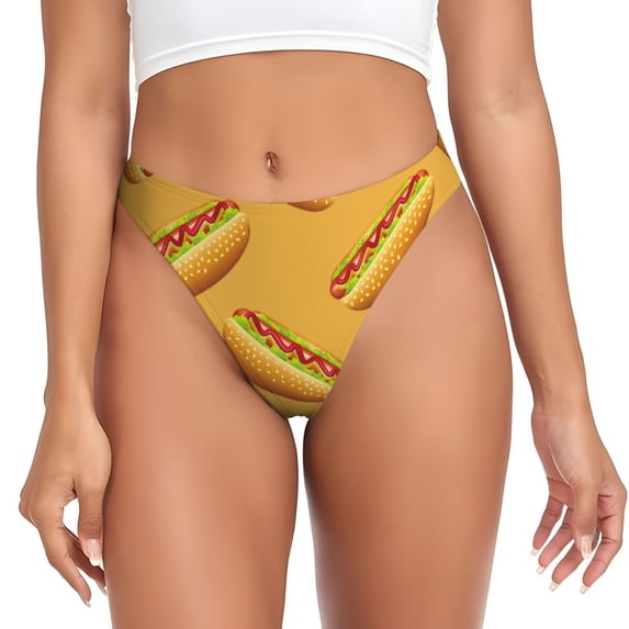 Thongs for Women - Hot Dog Print Yellow No Show Seamless Womens Thongs Underwear, Breathable G String Thongs for Women, Ladies Stretch Low Rise Thong Bikini Panties Briefs