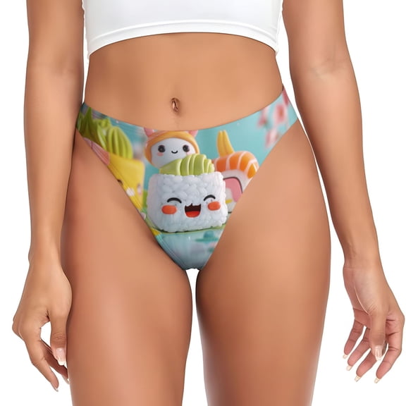 Thongs for Women - Kawaii Sushi Characters Delight No Show Seamless Womens Thongs Underwear, Breathable G String Thongs for Women, Ladies Stretch Low Rise Thong Bikini Panties Briefs