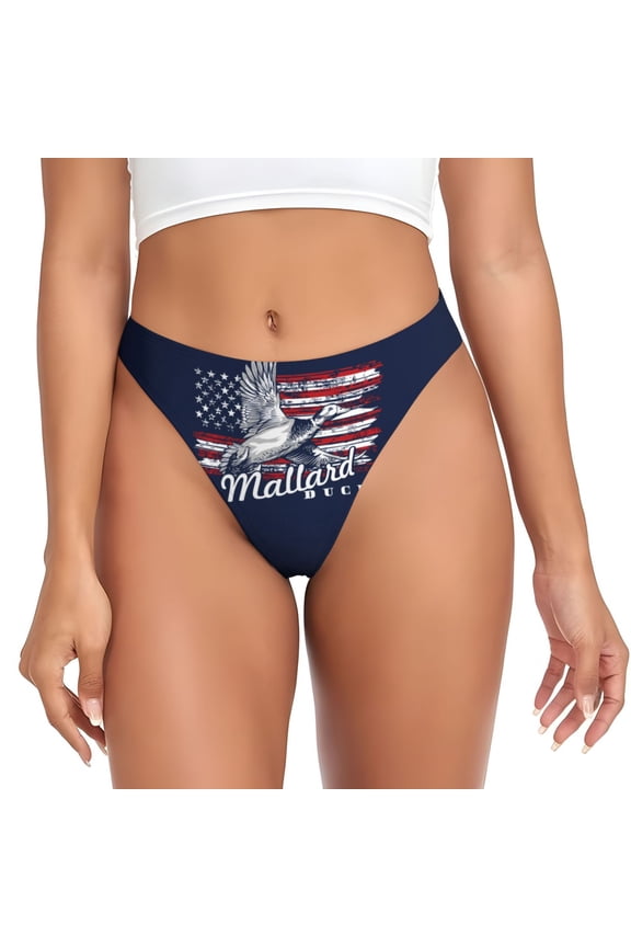 Thongs for Women - Mallard Duck With American Flag No Show Seamless Womens Thongs Underwear, Breathable G String Thongs for Women, Ladies Stretch Low Rise Thong Bikini Panties Briefs