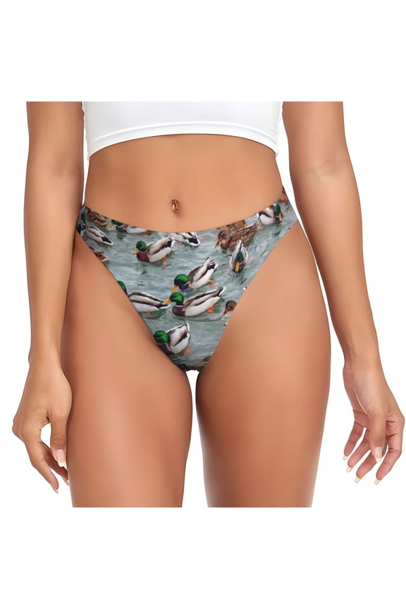 Thongs for Women - Mallard Ducks Swimming No Show Seamless Womens Thongs Underwear, Breathable G String Thongs for Women, Ladies Stretch Low Rise Thong Bikini Panties Briefs