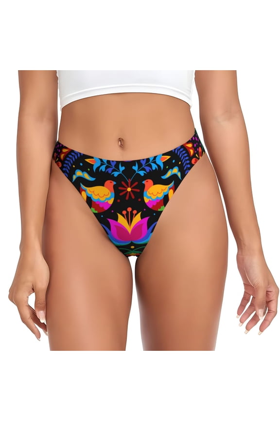 Thongs for Women - Mexican Flower Traditional1 No Show Seamless Womens Thongs Underwear, Breathable G String Thongs for Women, Ladies Stretch Low Rise Thong Bikini Panties Briefs