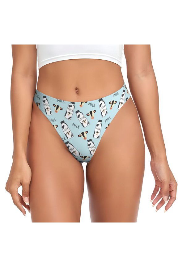 Thongs for Women - Milk Bottles And Cow Head No Show Seamless Womens Thongs Underwear, Breathable G String Thongs for Women, Ladies Stretch Low Rise Thong Bikini Panties Briefs