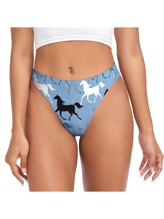 Thongs for Women - Minimalist Line Horse Black White No Show Seamless Womens Thongs Underwear, Breathable G String Thongs for Women, Ladies Stretch Low Rise Thong Bikini Panties Briefs