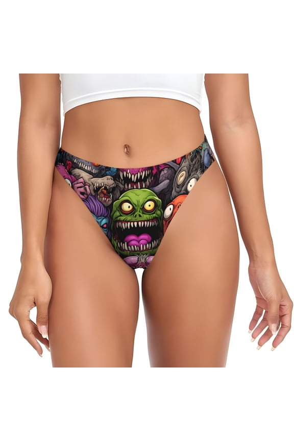 Thongs for Women - Monstrous Cartoon Characters No Show Seamless Womens Thongs Underwear, Breathable G String Thongs for Women, Ladies Stretch Low Rise Thong Bikini Panties Briefs