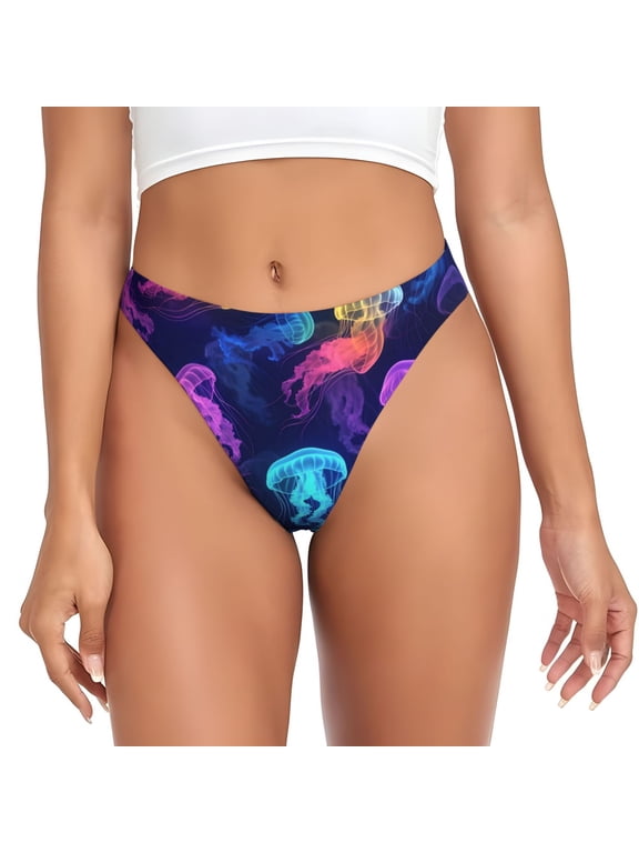 Thongs for Women - Neon Jellyfish Pattern No Show Seamless Womens Thongs Underwear, Breathable G String Thongs for Women, Ladies Stretch Low Rise Thong Bikini Panties Briefs