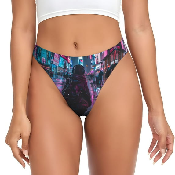 Thongs for Women - Neon Night Cityscape No Show Seamless Womens Thongs Underwear, Breathable G String Thongs for Women, Ladies Stretch Low Rise Thong Bikini Panties Briefs