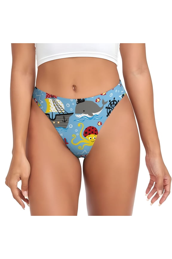 Thongs for Women - Pirate Marine Animals No Show Seamless Womens Thongs Underwear, Breathable G String Thongs for Women, Ladies Stretch Low Rise Thong Bikini Panties Briefs