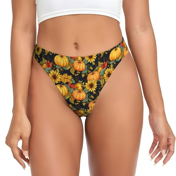 Thongs for Women - Pumpkins And Sunflowers3 No Show Seamless Womens Thongs Underwear, Soft Stretch G String Thongs for Women,Cuteness Ladies Thong Bikini Panties Briefs