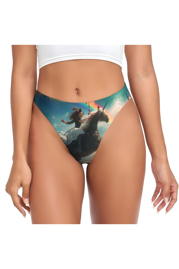 Thongs for Women - Rainbow Horse with Female Knight No Show Seamless Womens Thongs Underwear, Breathable G String Thongs for Women, Ladies Stretch Low Rise Thong Bikini Panties Briefs