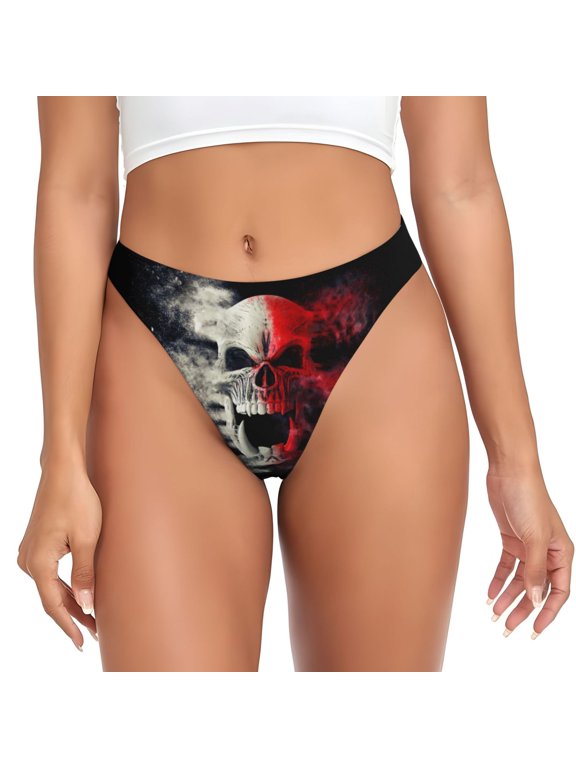 Thongs for Women - Red And White Screaming Demon Skull No Show Seamless Womens Thongs Underwear, Breathable G String Thongs for Women, Ladies Stretch Low Rise Thong Bikini Panties Briefs