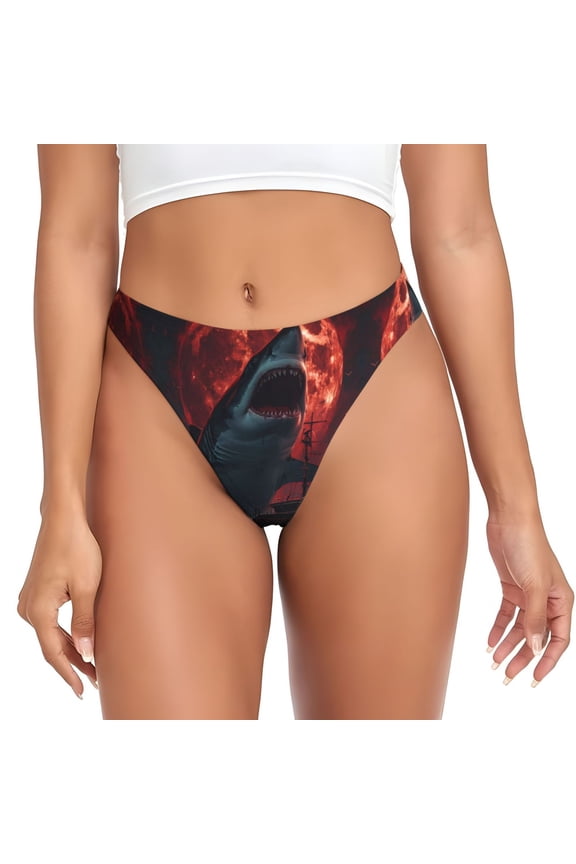 Thongs for Women - Red Moon Shark Sailboat No Show Seamless Womens Thongs Underwear, Breathable G String Thongs for Women, Ladies Stretch Low Rise Thong Bikini Panties Briefs