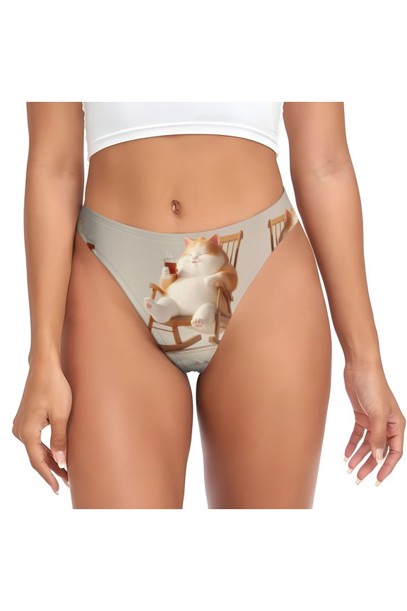 Thongs for Women - Relaxing Cat With Tea No Show Seamless Womens Thongs Underwear, Breathable G String Thongs for Women, Ladies Stretch Low Rise Thong Bikini Panties Briefs