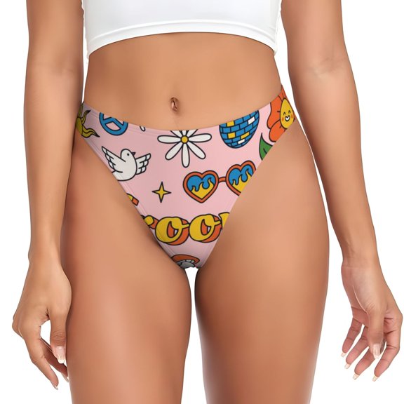 Thongs for Women - Retro 70s Hippie No Show Seamless Womens Thongs Underwear, Breathable G String Thongs for Women, Ladies Stretch Low Rise Thong Bikini Panties Briefs