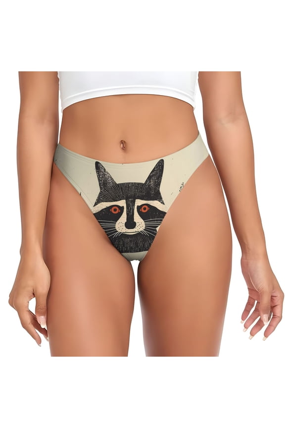 Thongs for Women - Retro Raccoon Graphic Print No Show Seamless Womens Thongs Underwear, Breathable G String Thongs for Women, Ladies Stretch Low Rise Thong Bikini Panties Briefs
