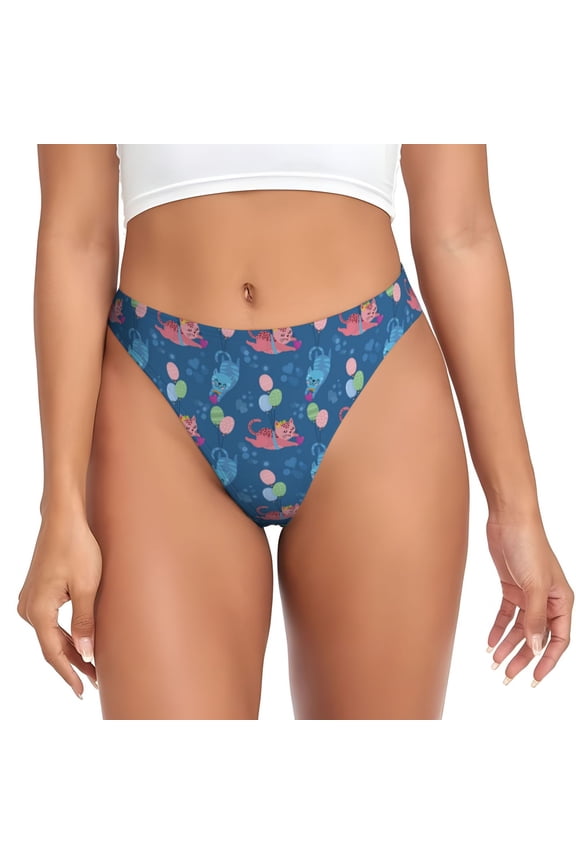 Thongs for Women - Romantic Cute Cartoon Cat Balloon No Show Seamless Womens Thongs Underwear, Breathable G String Thongs for Women, Ladies Stretch Low Rise Thong Bikini Panties Briefs
