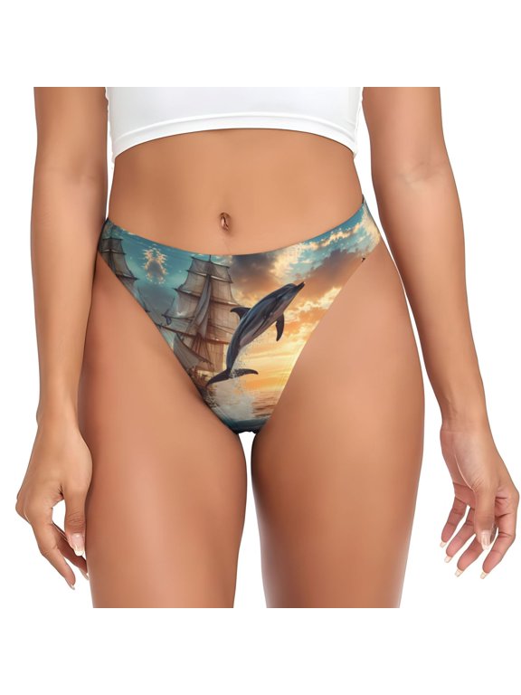 Thongs for Women - Sailing Dancing Dolphin No Show Seamless Womens Thongs Underwear, Breathable G String Thongs for Women, Ladies Stretch Low Rise Thong Bikini Panties Briefs