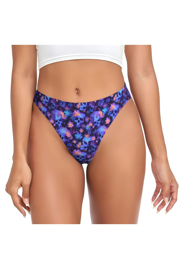 Thongs for Women - Skull daisy purple No Show Seamless Womens Thongs Underwear, Breathable G String Thongs for Women, Ladies Stretch Low Rise Thong Bikini Panties Briefs