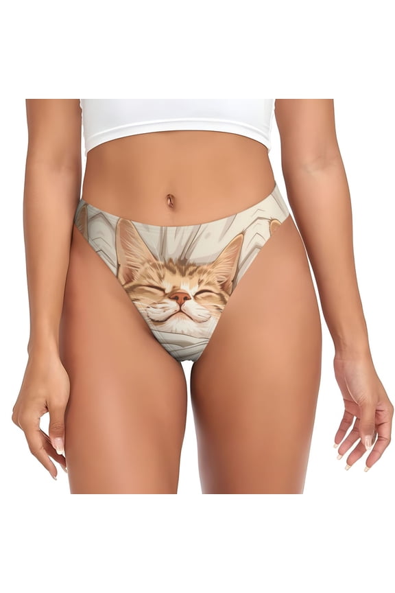 Thongs for Women - Sleeping Cat In Blanket No Show Seamless Womens Thongs Underwear, Breathable G String Thongs for Women, Ladies Stretch Low Rise Thong Bikini Panties Briefs