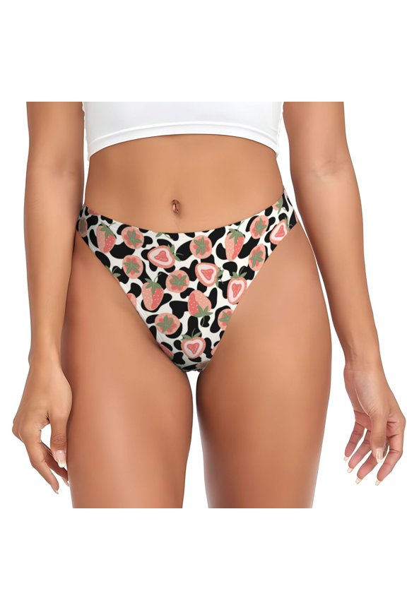 Thongs for Women - Strawberries And Cow Skin No Show Seamless Womens Thongs Underwear, Breathable G String Thongs for Women, Ladies Stretch Low Rise Thong Bikini Panties Briefs