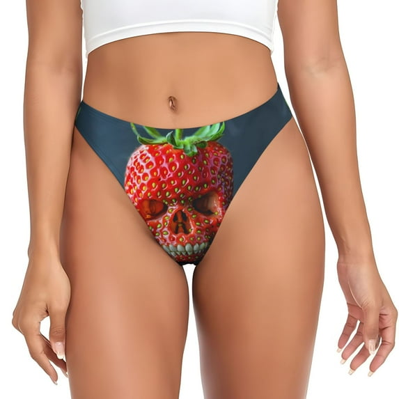 Thongs for Women - Strawberry Skull Realistic Art No Show Seamless Womens Thongs Underwear, Soft Stretch G String Thongs for Women,Cuteness Ladies Thong Bikini Panties Briefs
