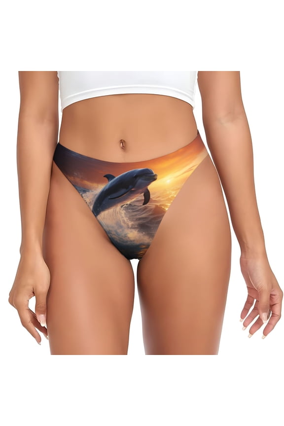 Thongs for Women - Sunset Dancing Dolphin No Show Seamless Womens Thongs Underwear, Breathable G String Thongs for Women, Ladies Stretch Low Rise Thong Bikini Panties Briefs
