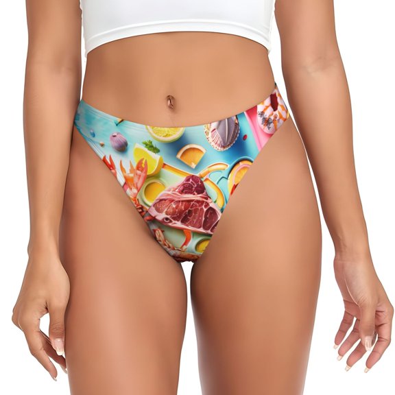 Thongs for Women - Surreal Seafood Extravaganza No Show Seamless Womens Thongs Underwear, Breathable G String Thongs for Women, Ladies Stretch Low Rise Thong Bikini Panties Briefs