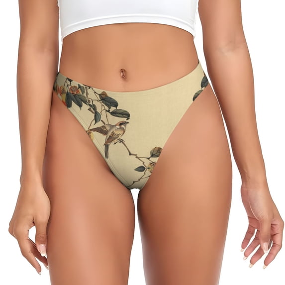 Thongs for Women - Vintage Bird No Show Seamless Womens Thongs Underwear, Soft Stretch G String Thongs for Women,Cuteness Ladies Thong Bikini Panties Briefs