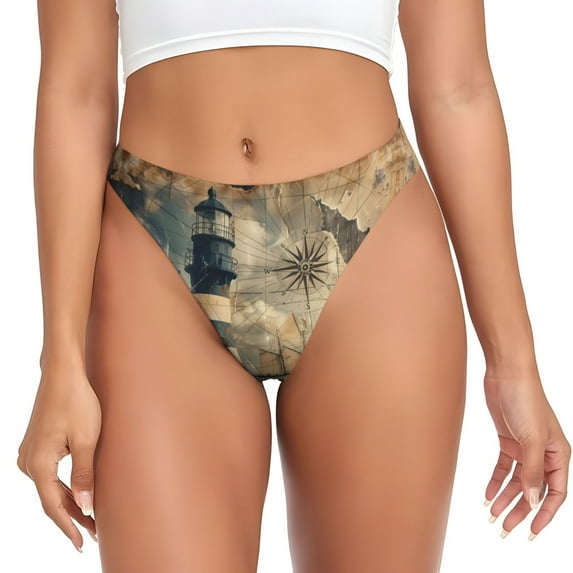 Thongs for Women - Vintage Nautical Lighthouse No Show Seamless Womens Thongs Underwear, Soft Stretch G String Thongs for Women,Cuteness Ladies Thong Bikini Panties Briefs