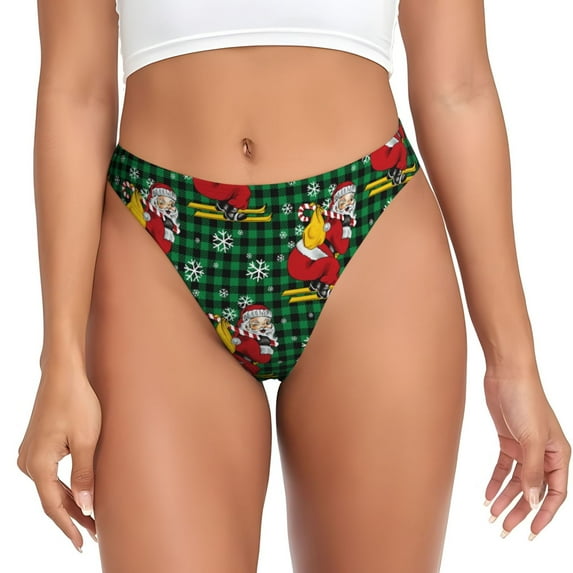 Thongs for Women - Vintage Santa Skiing Green Plaid No Show Seamless Womens Thongs Underwear, Soft Stretch G String Thongs for Women,Cuteness Ladies Thong Bikini Panties Briefs