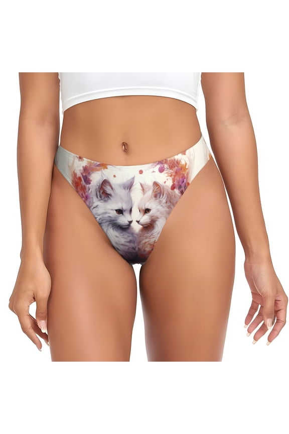 Thongs for Women - White Red Cat Couple No Show Seamless Womens Thongs Underwear, Breathable G String Thongs for Women, Ladies Stretch Low Rise Thong Bikini Panties Briefs