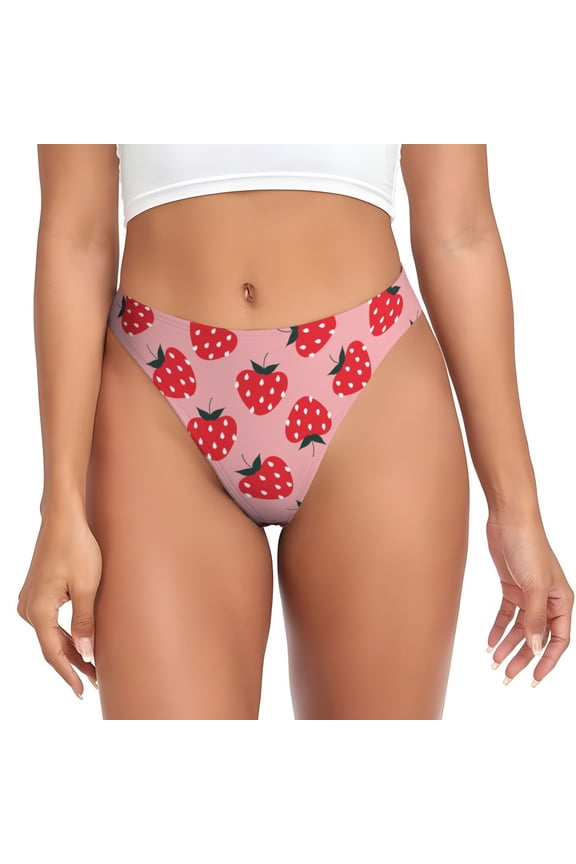 Thongs for Women - cartoon strawberries print No Show Seamless Womens Thongs Underwear, Breathable G String Thongs for Women, Ladies Stretch Low Rise Thong Bikini Panties Briefs
