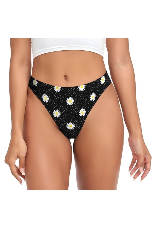 Thongs for Women - daisy polka dot dotted black No Show Seamless Womens Thongs Underwear, Breathable G String Thongs for Women, Ladies Stretch Low Rise Thong Bikini Panties Briefs