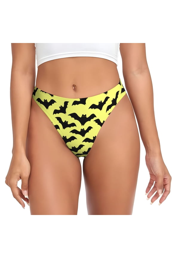 Thongs for Women - funny cartoon bats Halloween yellow No Show Seamless Womens Thongs Underwear, Breathable G String Thongs for Women, Ladies Stretch Low Rise Thong Bikini Panties Briefs
