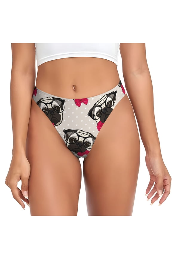Thongs for Women - funny dog Pug red bow glasses No Show Seamless Womens Thongs Underwear, Breathable G String Thongs for Women, Ladies Stretch Low Rise Thong Bikini Panties Briefs