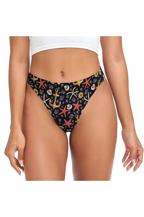 Thongs for Women - golden anchors starfishes shells rope No Show Seamless Womens Thongs Underwear, Breathable G String Thongs for Women, Ladies Stretch Low Rise Thong Bikini Panties Briefs