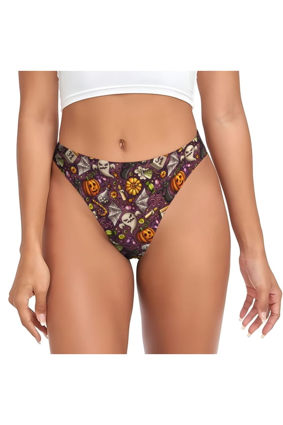 Thongs for Women - halloween pumpkins candy cat No Show Seamless Womens Thongs Underwear, Breathable G String Thongs for Women, Ladies Stretch Low Rise Thong Bikini Panties Briefs