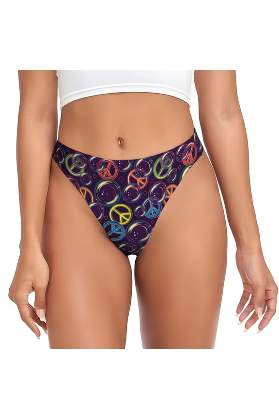 Thongs for Women - peace sign bubbles dark purple No Show Seamless Womens Thongs Underwear, Breathable G String Thongs for Women, Ladies Stretch Low Rise Thong Bikini Panties Briefs