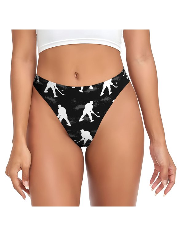 Thongs for Women - white hockey players black print No Show Seamless Womens Thongs Underwear, Breathable G String Thongs for Women, Ladies Stretch Low Rise Thong Bikini Panties Briefs