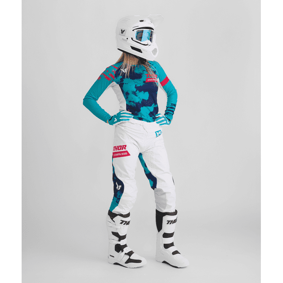 Thor 2026 Womens Launchmode Bleach White/Aqua Motocross Offroad Jersey Pant Combo (X-Small, 00/0)