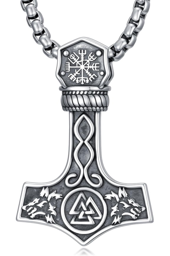 Thor Hammer Necklace Sterling Silver Mjolnir Pendant Viking Runes Necklace Norse Amulet Jewelry Gifts for Men