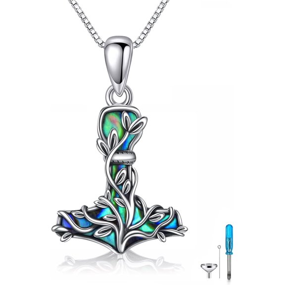 Thor Hammer Urn Necklaces for Ashes Sterling Silver Mjolnir Tree of Life Pendant Nordic Viking Cremation Jewelry for Ashes Memorial Gift for Women Men