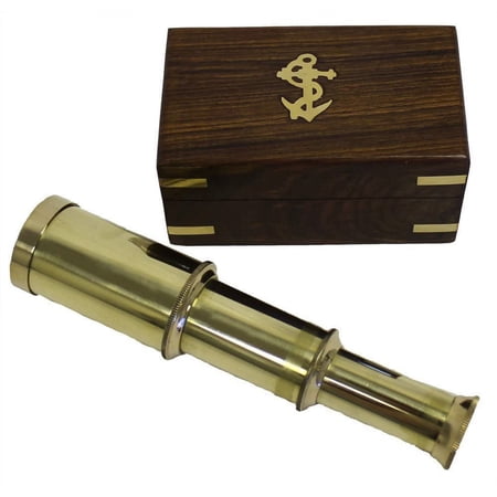 Thor Instruments 6 Solid Brass Handheld Telescope - Nautical Pirate Spy Glass with Wood Box