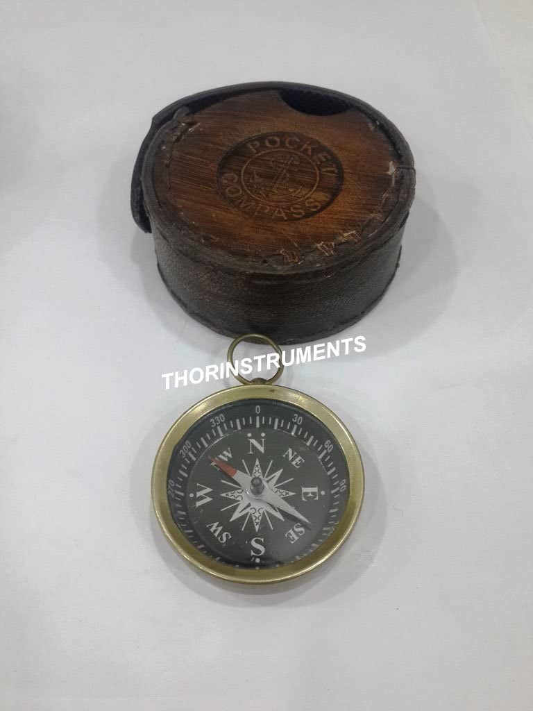 Thor Instruments Antique Brass Vintage Nautical Decor Pocket Compass W/ Leather Case