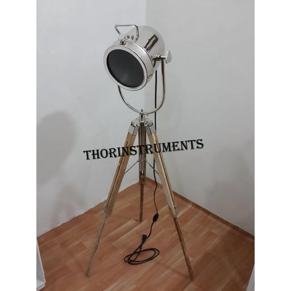 Thor Instruments Designer Authentic Nautical Chrome Spot Light With Teak Wood mini floor Tripod Lamp Stand