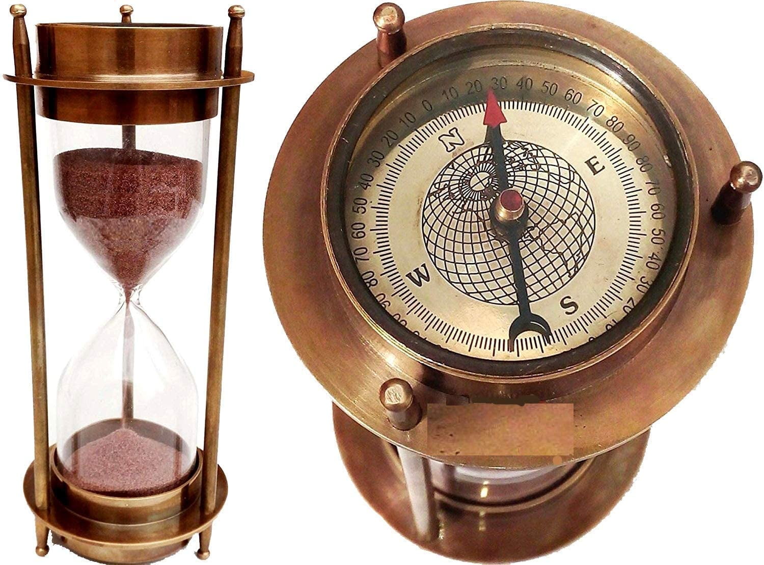 Antique Brass Nautical Sand Timer Hourglass with Compass
